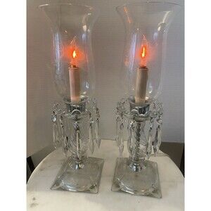 Pair Vintage Crystal Boudoir Hurricane Lamps With Grapevine Etched Glass Globes